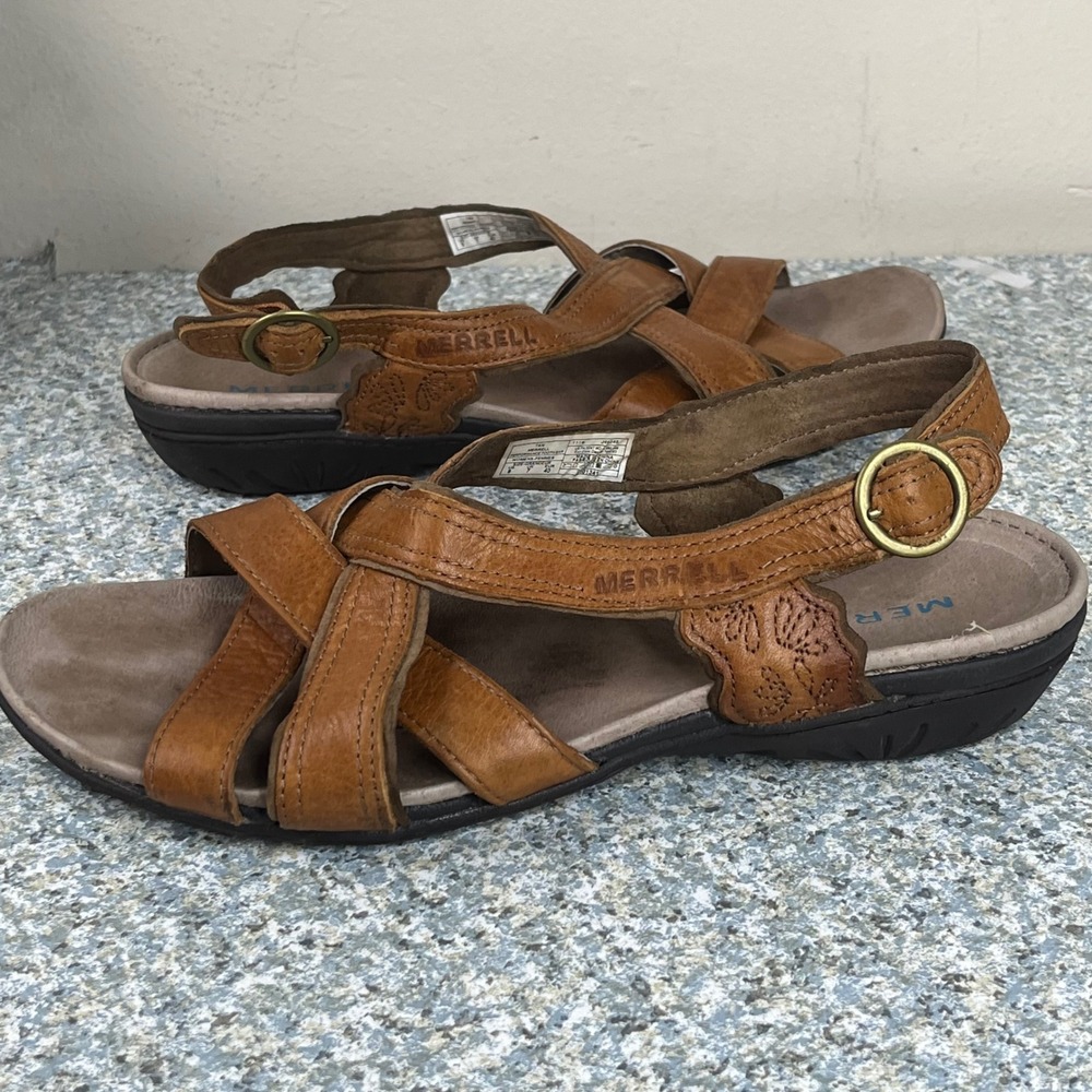 Merrell Sandals Womens 9 Tan Brown Leather Strappy Buckle Comfort J46248 Walking